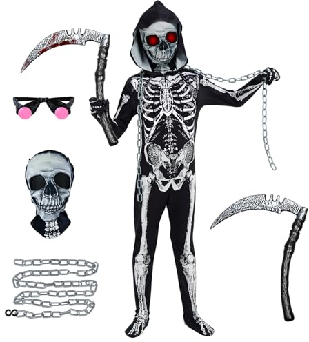 HERMORRYSS Déguisement Squelette Enfant, Costume Halloween Squelette Enfant, Garçons Squelettes Combinaison avec Masque, Lunettes, Faucille et Chaîne, Costume de Squelettes pour Halloween Carnaval (M)
