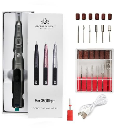 GLOBAL FASHION Kabelloser Nagelfräser 35000 U/min – Elektrische Nagelfeile für Gelnägel mit LCD Display & USB Aufladung – Fräser Nägel Maniküre Pediküre Set mit 6 Bits für Zuhause & Studio (Grau)