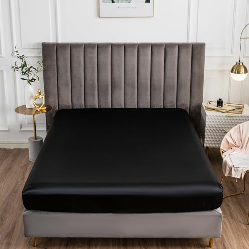 Morbuy Weich Spannbettlaken 140x200cm Kühlend Bettlaken mit Gummizug - Schwarz Satin Spannbetttücher aus Premium Mikrofaser - Atmungsaktiv Spannbetttuch für Dicke Matratzen bis zu 30 cm