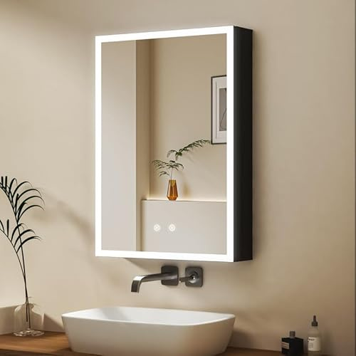 WDWRITTI Spiegelschrank mit Beleuchtung 40x60cm LED Badezimmerschrank, Dimmbar Bad Spiegel Badschrank Medizinschrank mit Anti-Beschlag-Funktion, Glasablage