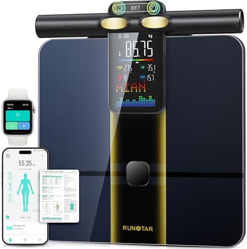 RunStar Smart Scale for Body Weight and Fat Percentage, 8 Electrodes High Precision Body Composition Scale with Set Functions Handle, Body Analyzer Scale Sync App 28 Metrics 400lbs