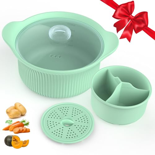 42oz Microwave Silicone Steamer 3 Compartmented, 4 in 1 Large Microwave Pot with Handle & Lid for Vegetables/Baby Food, Oven & Dishwasher Safe, Easy Clean,100% Food Grade Steamer Bowl (Green)