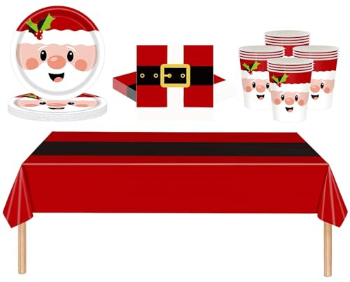 Set da tavola per feste di Natale, 53 pezzi, decorazione da tavola, motivo Babbo Natale rosso, 137 x 274 cm, grande tovaglia di plastica per feste di Natale, piatti, bicchieri, tovaglioli, set da
