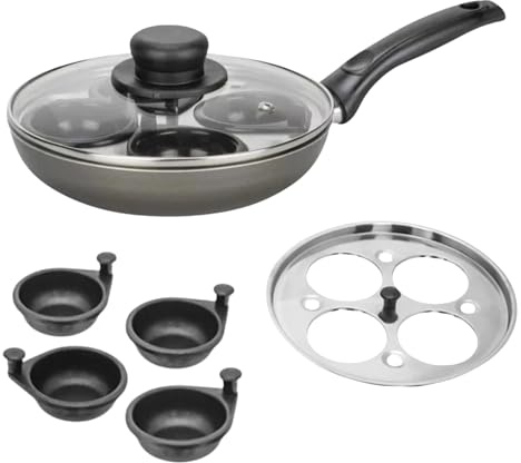 Non Stick 4 Cups Egg Poacher Pan Aluminium with Glass Lid 20cm, Easy Clean Removable Egg Poaching Frying Pan for Kitchen Cooking, Long Cool Touch Black Handle