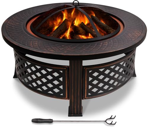 VOUNOT® Brasero Extérieur Ø81cm en Métal avec Pare Étincelles Couvercle et Tisonnier Chauffage de Jardin Terrasse Foyer Rond Noir