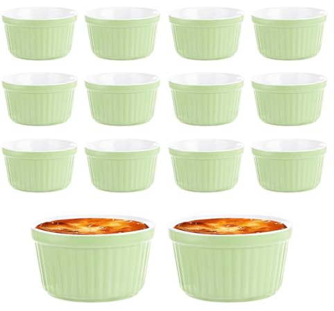 LDXDRU 12 Pack 200ml/7oz Porcelain Ramekin, Green Ramekins for Air Fryer, Dishwasher and Oven, Striped Creme Brulee Ramekins for Souffle Jams Cupcakes Custards Pudding Muffin Ice Cream - 9x5cm
