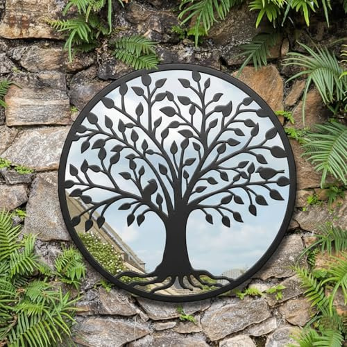 Biznest The Outdoor Living Collection Round Tree Of Life Mirror Black Finish Nature Art Frame Branch Design Wall Hanging Sculpture Gift Present Idea Rustic Home Decor Garden, Patio & Hallway (64 CM)