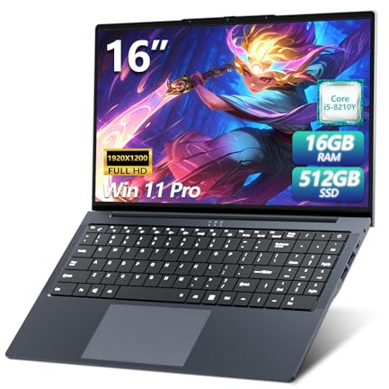 Ordenador Portátil 16 Pulgadas PC Portatil Core i5 8210Y Procesador, 16GB RAM 512GB SSD, Computadora Portátil 1920 * 1200 FHD IPS, Laptop RJ45 USB 3.0 HDMI WIFI5 BT5.0 Teclado Numérico Retroiluminado