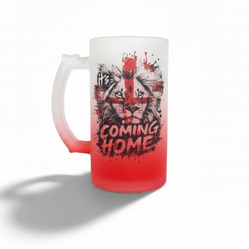 Silly Dog Designs - England Football Fan Frosted Beer Stein Mug - It's Coming Home Lion Design - 16oz Glass Tankard for Match Days, Football Watching Parties & Supporters