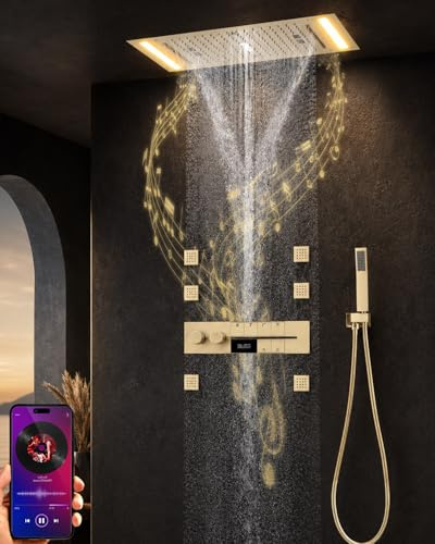 SWHC Sistema Doccia Oro Termostatico Musicale Incasso, 638x338mm LED 64Colori 6 Funzioni Colonna Doccia, Montaggio Soffitto Set Doccia, Soffione Doccia Pioggia, 6 Laterali Massaggianti, Doccetta