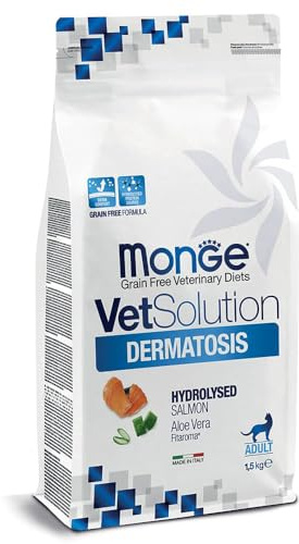 Monge VetSolution Dermatosis Feline Hydrolysed Salmon - Salmone con Aloe Vera per Gatti - Confezione da 1,5 Kg