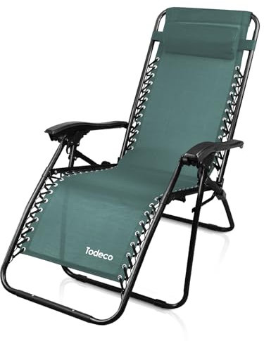 Todeco Chaise Longue Transat Jardin Plein Air, Transat de Plage Pliable, Bain de Soleil avec Repose-tête, d’accoudoirs Réglables, Chaise de Camping en Respirantes Textilène, Vert