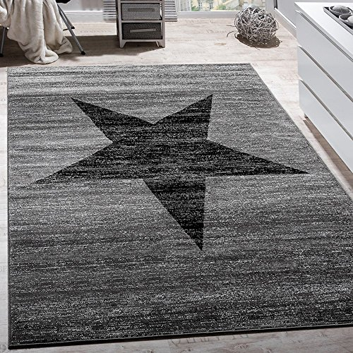 Paco Home Wohnzimmer Teppich Mit Stern Muster, Moderner Kinder- und Jugendzimmer Kurzflor, Grösse:80x150 cm, Farbe:Grau