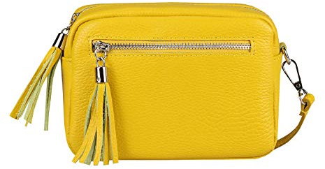 OBC Made in Italy Damen Leder Tasche Umhängetasche Schultertasche Beuteltasche Cross-Over Cross Bag Glattleder Schmucktasche Fransen Ledertasche (Gelb)