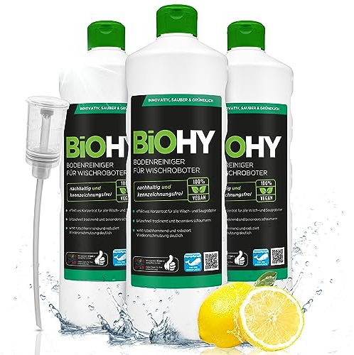 BiOHY Bodenreiniger für Wischroboter (3 x 1 Liter) + Dosierer | Reinigungsmittel Konzentrat für alle Wisch & Saugroboter mit Nass-Funktion | Schaumarm & Streifenfrei | Für alle Böden