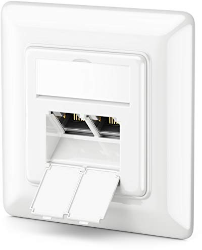 deleyCON 1x CAT6a Netzwerkdose 2x RJ45 Buchse Geschirmt Unterputz Montage 10 Gbit Ethernet Netzwerk LAN Dose Patchkabel Netzwerkkabel Verlegekabel Weiß