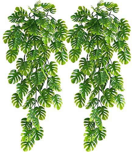 LOVENIEN Künstliche Hängepflanzen, 2 Stück, Monsterablätter, künstliche Weinreben, Efeublätter, grün, Rattan, tropische Palme, Outdoor, UV-beständig, Büro, Hochzeitsdekoration