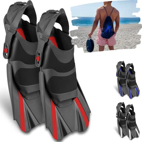Khroom corte pinne da snorkeling regolabili con sacca appendibile | taglia 36-47 | pinne corte per il nuoto, per adulti, uomini e donne (42-47, Rosso)