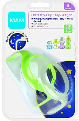 MAM Day & Night Handles for Baby Cup | 2 Pack | Non-Slip for Independent Drinking | Glow-in-the-Dark Handles for Nighttime | Baby Accessories | Green and Clear/White