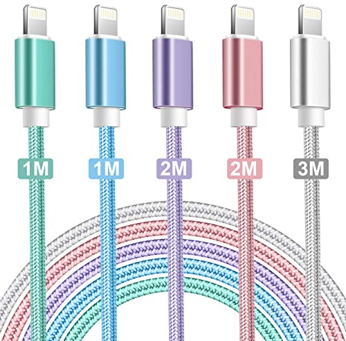 Apple iPhone Lightning Cable 5 Pack - 3M, 2M, 1M (Blue, Green, Purple, Pink, Silver) Long USB Charging Cables for iPhone 13, 12, 11 Pro Max, XR, X, 8, 7, 6S, SE, 5S, iPad