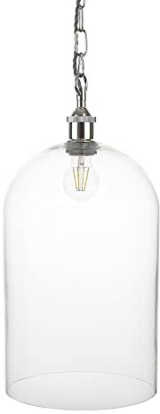 Lawrence Clear Elongated Dome Glass Pendant Light with Nickel Lampholder and Chain with Grey Twisted Cable