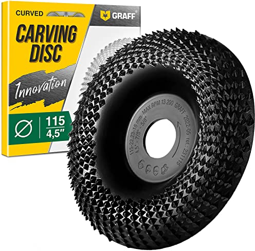 Intaglio Legno Mola Disco 115mm x 22.23mm – Disco Raspa per Intagliare e Levigatura Legno Conifere, Duro – Disco Abrasivo Lucidatura Modellatura – Mola per Smerigliatrice Angolare GRAFF