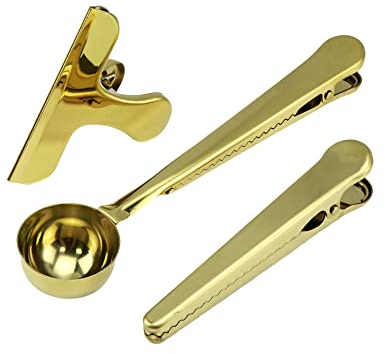 Tighall 3er-Pack goldene Kaffeelöffel mit Lebensmittelbeutel-Clip-Set, multifunktionales Kaffee-Messlöffel-Set, Kaffeelöffel, Esslöffel, langer Griff, Löffel für Haferflocken, Kaffee, Tee (15 ml)