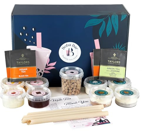 Kit de préparation de thé au lait Sahara avec 4 saveurs de thé au lait, 4 garnitures Boba et gelée | Thé aux perles de tapioca (pour 4 personnes) | Pailles Boba et 4 sachets de thé vert par Boba Bar