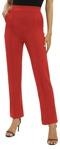 EXCHIC Mujeres Oficina Casual Piernas Rectas Trabajo Pantalones Elástica Cintura Pantalones con Bolsillos(M, Rojo)