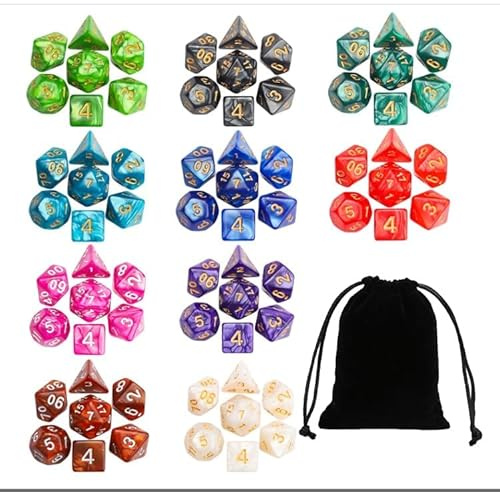 70 Stück Polyedrische Würfel Set,Acryl FarbSpielwürfel für Dungeons and Dragons,Bunt Polyedrische Würfel mit Schwarze Kordelzugbeutel,D4 D8 D10 D12 D20 Würfel für DND RPG MTG Tischspiele