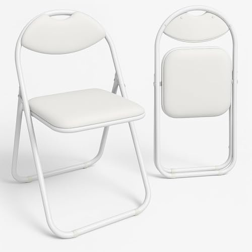 EPISENT Folding Chair – 2 PCS White Padded Faux Leather Foldable Chair with Heavy Duty Steel Frame –Comfortable, Lightweight, Space-Saving Fold Up Seat for Home, Office, Dining, Kitchen & Events