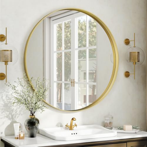 Koonmi runder Wandspiegel 76 cm, tiefer Metallrahmen, Gold | Badspiegel mit gebürstetem Rahmen für Badezimmer, Wohnzimmer und Eingangsbereich, markantes Tiefenprofil