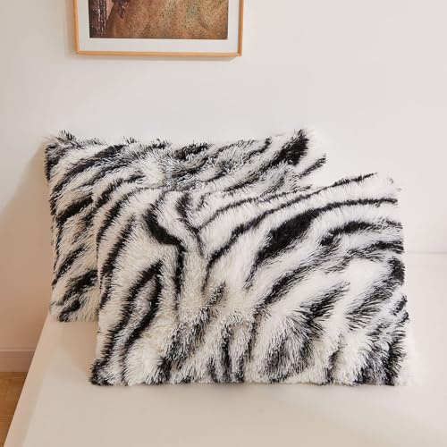 XeGe Flauschige Kissenbezüge aus Kunstfell, zottelig, weich, lang, flauschig, flauschig, dekorative Kissenbezüge, pelzige Kissenbezüge für Bett, Couch, Reißverschluss, 2 Stück (Standard, Zebra-Druck,
