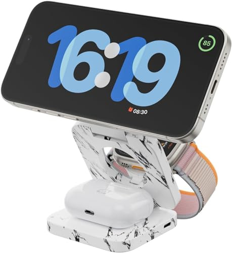 KU XIU X55 Ladegerät 3 in 1 Faltbar Ladestation für iPhone 16/15/14/13/12 Pro/Plus/Pro Max/Mini, 5W schneller Ladeständer für Apple Watch 9/8/7/6/5/4/3/2/SE, für AirPods3/2/Pro mit Adapter