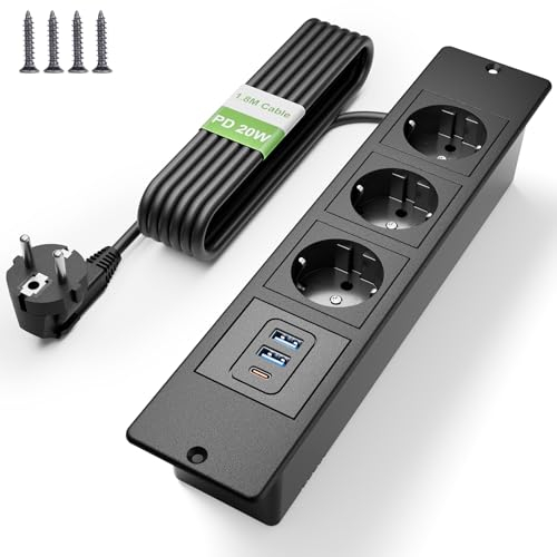 Multipresa da Tavolo Incasso con USB C PD20W, Presa da tavolo 3 prese con cavo da 1,8m, Multipresa da Scrivania per tavolo da conferenza, piano di lavoro, divano