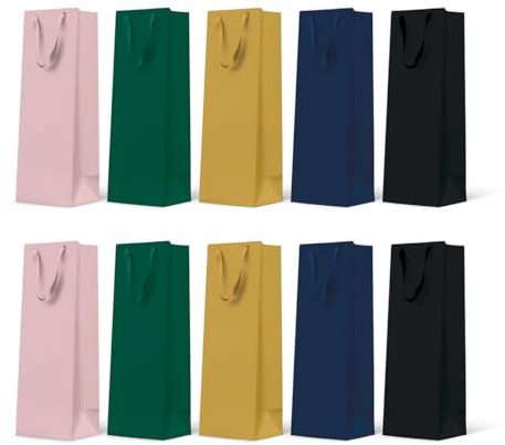 PAW - Gift Bags 37 x 12 x 10 cm - Pack of 10 Wine Bottle Bags with Fabric Handle | Mix of 5 Plain Colours | Elegant Bags for Wine, Champagne, Birthdays, Weddings, Parties and Gifts