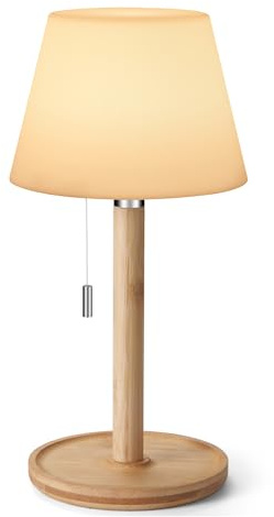Akku Aufladbar Tischlampe für Draussen Wasserdicht, Kleine Tragbare Kabellose Tischleuchte mit Zugschalter 3 Beleuchtung Dim, Nachtlampe für Badezimmer Dusche Patio Restaurant Wohnzimmer, Holzfuß