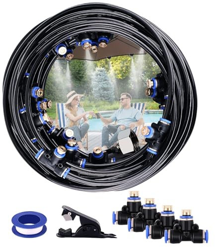 20M AGPTEK Kit d’Irrigation système de brumisateur extérieur 67pcs, avec 23 Buses de Brume avec T Joint, système de Refroidissement extérieur parbrumisateur pour terrasse, Brume, Jardin, Piscine
