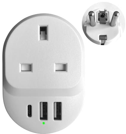 Adattatore da Viaggio UK/Irlanda/EAU a UE/Italia con USB+Tipo C, Presa di Prolunga Compatta a muro, Protezione di Sicurezza Elettrica e Ignifugo per Viaggi, Ufficio e Casa