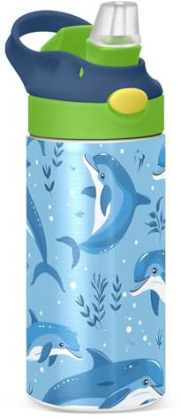 Kids Water Bottle with Straw 350ml, Cute Dolphins Marine Life Stainless Steel Insulated Toddler Cup Leakproof Drink Flask Bottle for Boys Hot Cold, BPA-Free