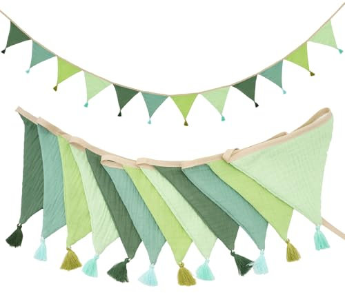 G2PLUS Guirland Fanion Banderole Fanion Tissu Vert 2.8M Fanions en Coton avec Franges,12 Triangle Décoration Double Face pour Le Baptême de bébé,Décoration de Chambre d'enfant