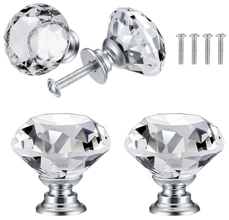 QUIIEOSKIA 4 Pcs Bouton de Porte de Cristal, Poignées de Diamant, Poignee de Meuble Diamant, Poignée Boutons Décoration de Armoire, Tiroir, Cuisine Bouton Poignées - 30 mm