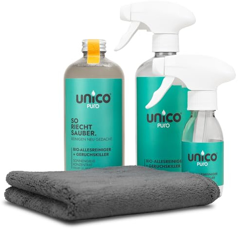 unicopuro® Allesreiniger Starter-Set Sonnengruß – 500 ml Konzentrat = 5 L – inkl. 500 ml & 100 ml Sprühflaschen + Soft-Touch Microfasertuch – biologisch abbaubar, Geruchskiller, in 8 Düften