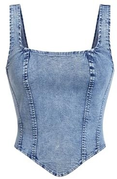 WDIRARA Women's Denim Corset Tank Top Crop Sleeveless Zip Up Back Tops | Denim Corset,Asymmetrical Hem,Sleeveless,Zip Up,y2k Tops, Light Wash, Large