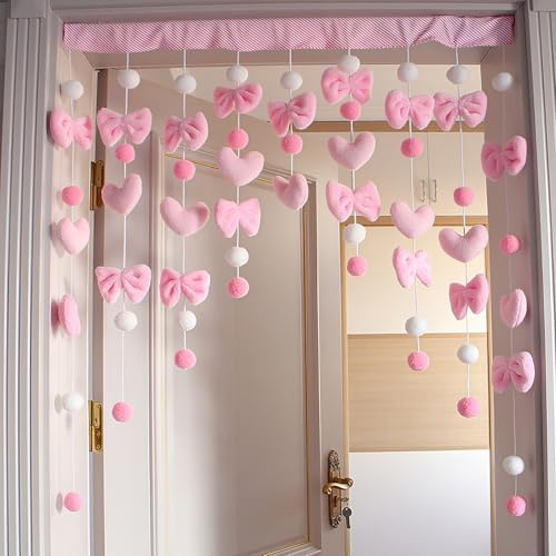 Kynthyre Self Adhesive Kawaii Fluffy Plush Curtain 33 W x 36 L Cute Pink Bow Heart-Shaped Curtain for Girls Bedroom, Door, Window, Wall Decor