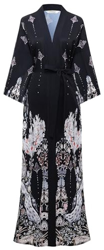 BABEYOND Morgonrock kimono dam lång – chiffong lätt satin halvlång ärm lös passform badrock, svart, one size