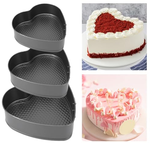 3 Springform Heart Cake Tins Heavy Duty, Double Layer Non-Stick Coating, Removable Base, Heavy Duty Carbon Steel, Perfect for Frozen Desserts, Oven Safe Bakeware (8/9/10 Inch)