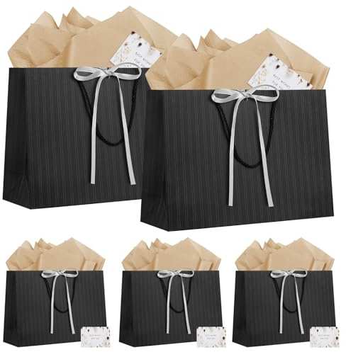 LVNRIDS 5 Stück Geschenktüte Groß mit Henkel schwarz, 32x11x25cm Geschenktüten mit 5 Grußkarten 5 Seidenpapier, Geschenktasche für Hochzeit Geburtstag Geschenk Party Weihnachten Thanksgiving