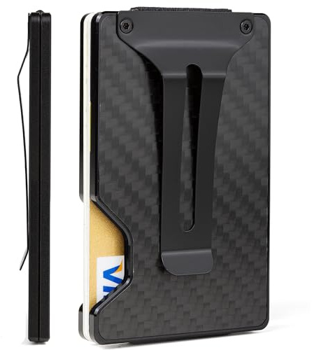 GOLRIDI Wallet for Men, Slim Minimalist Carbon Fiber Wallet with Metal Money Clip/Cash Strap, RFID Blocking Aluminum Card Holder-Carbon Fiber