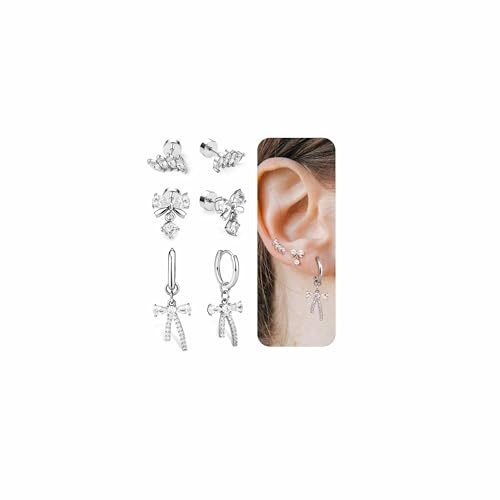 Ohrringe Ohrstecker mit flachem Verschluss Damen | 3 Paar Schleife Ohrringe Damen, Ohrstecker und baumelnde Creolen mit Zirkonia, Silber Schmuck